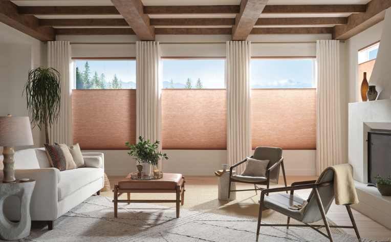 light filtering shades in modern living room with neutral colours